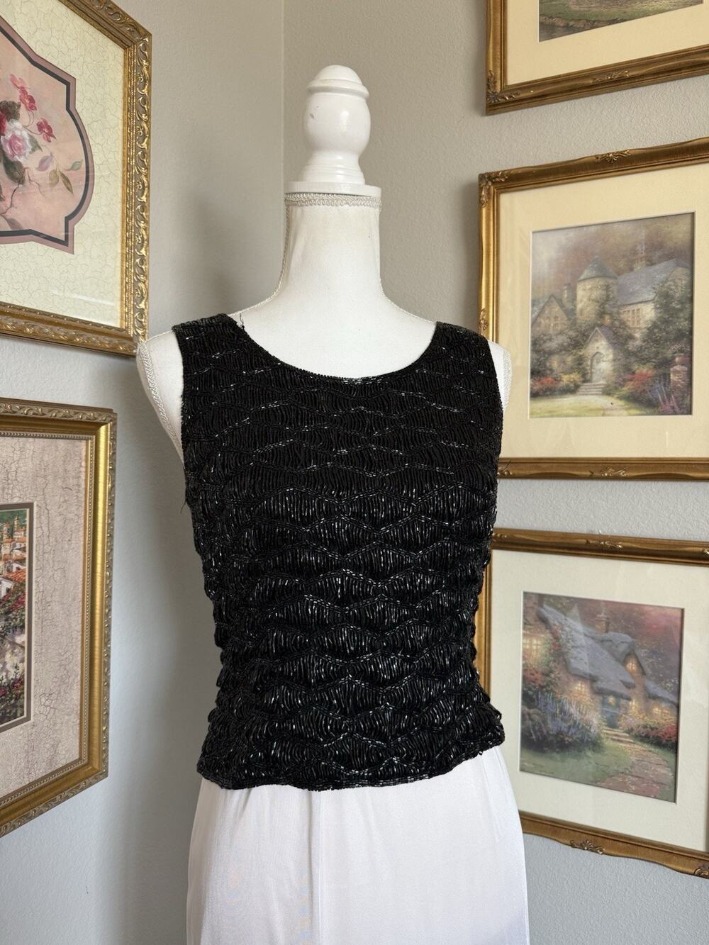 Adrianna Papell Silk Beaded Black Tank Top Vintage Size S